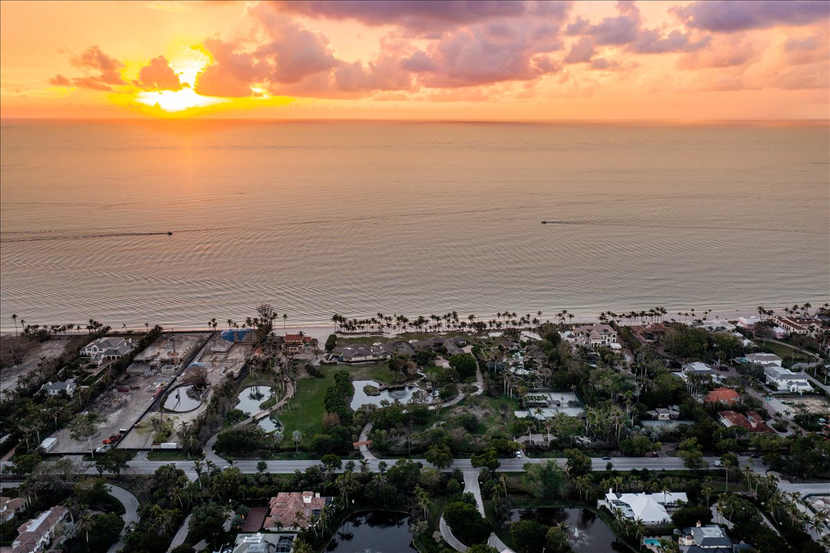Aerial view of the Gulf shoreline at sunset in Port Royal